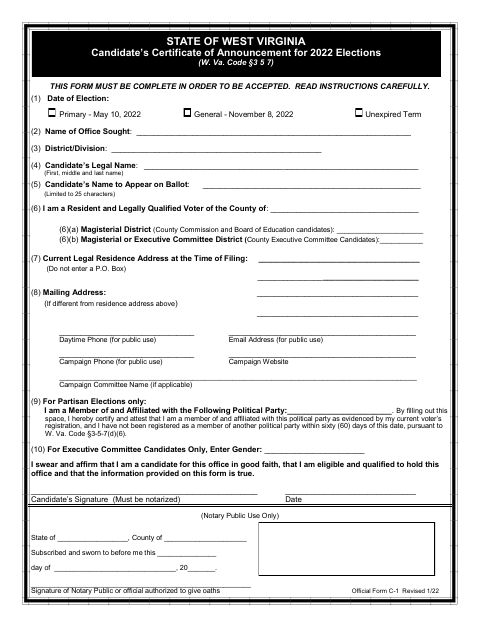 First page of the Candidate Certificate of Announcement