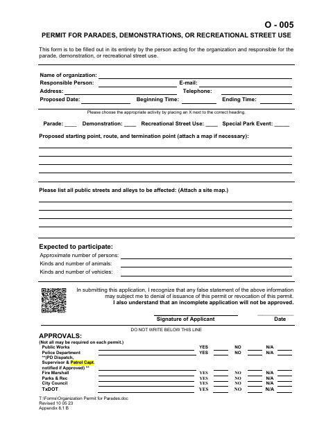 First page of the Permit for Parades, Demonstrations, or Recreational Street Use