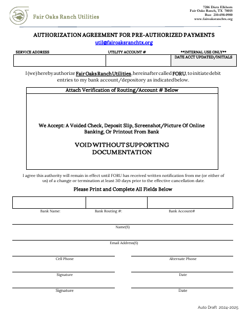 First page of the Authorization Agreement for Pre-Authorized Payments – Bank Draft