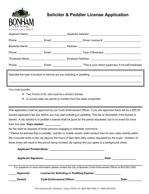 First page of the Solicitor & Peddler License Application