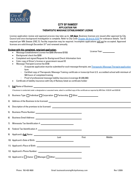 First page of the Therapeutic Massage Establishment License Application