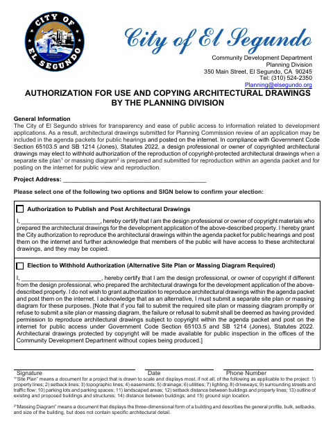 First page of the Authorization for Use and Copying Architectural Drawings