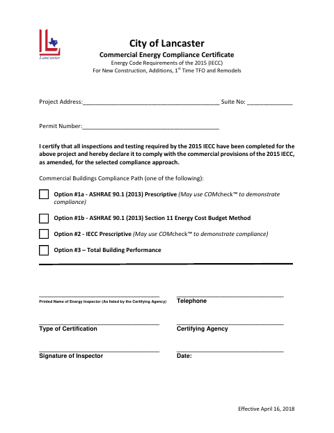First page of the Commercial Energy Compliance Certificate