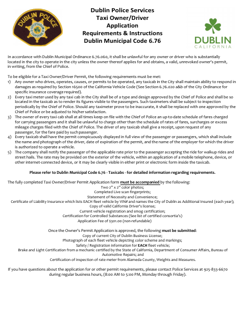 First page of the Taxi Owner/Driver Application Requirements & Instructions