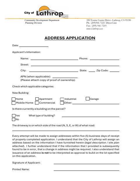 First page of the Address Application