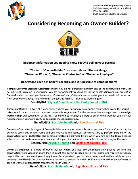 First page of the Application for Building Permit – Owner Builder