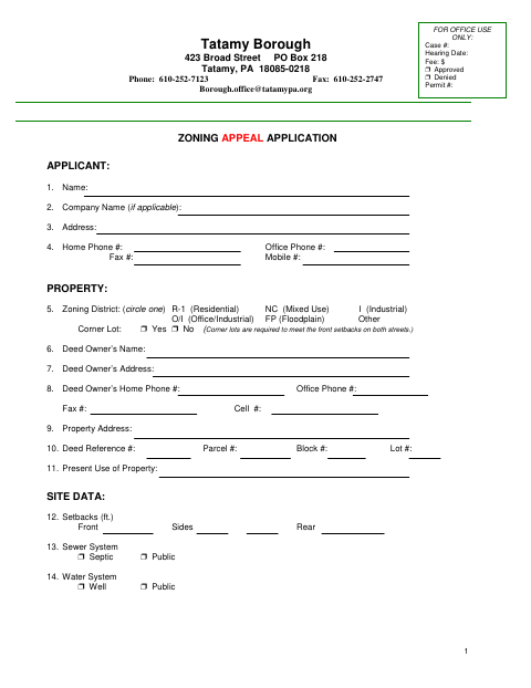 First page of the Zoning Appeal Application