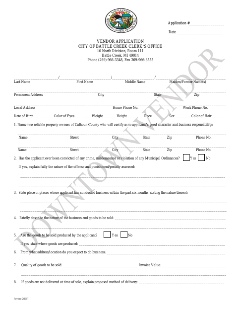 First page of the Downtown Vendor Application