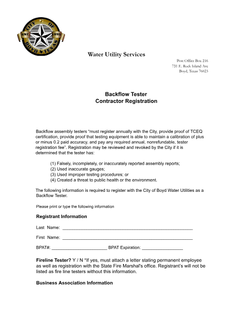 First page of the Backflow Tester Contractor Registration Form