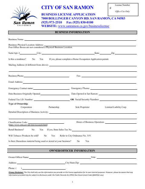 First page of the Business License Application
