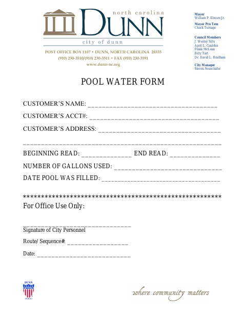 First page of the Pool Water Form