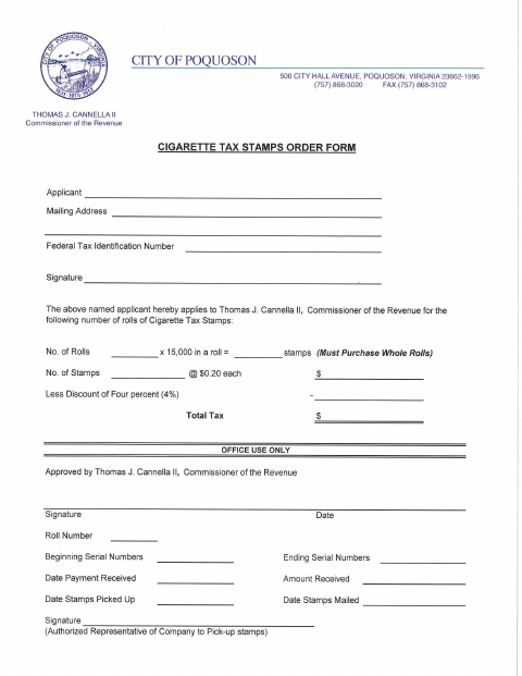 First page of the Cigarette Tax Stamps Order Form