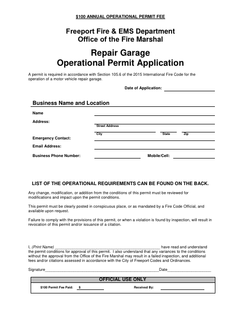 First page of the Repair Garage Operational Permit Application