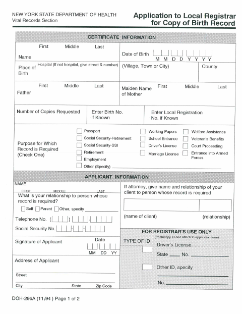 First page of the Application for Copy of Birth Record
