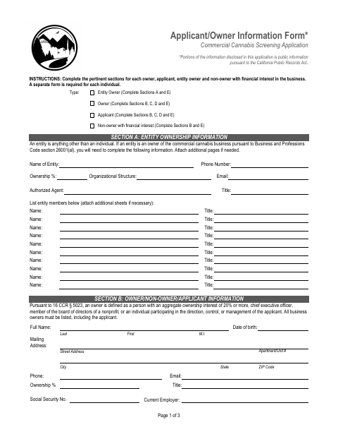 First page of the Applicant/Owner Information Form