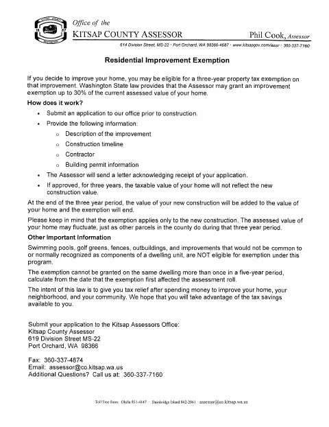 First page of the Residential Exemption Instructions and Application