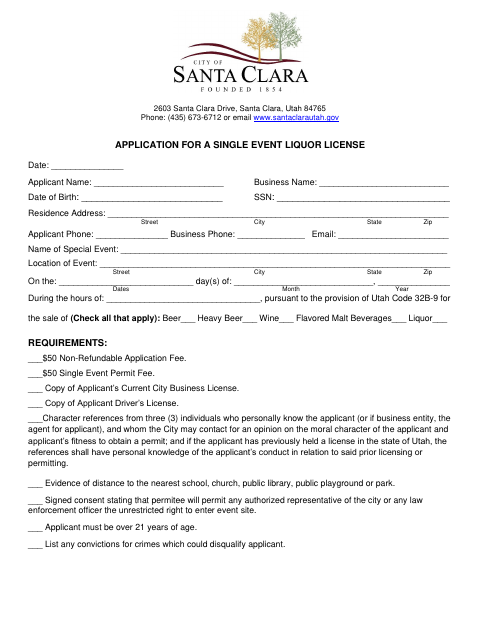 First page of the Single Event Liquor License Application