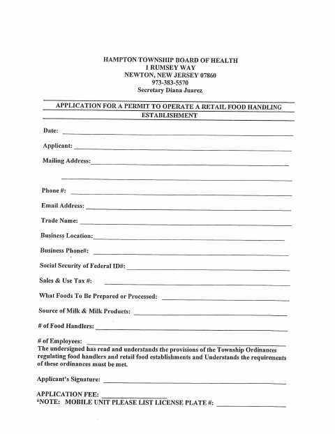 First page of the Food Handling Application