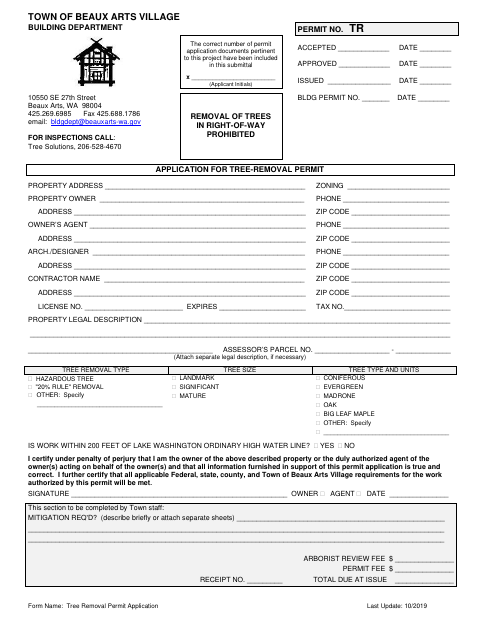 First page of the Tree Removal Permit Application