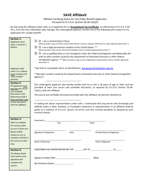 First page of the SAVE Affidavit for Occupational Tax Certificate