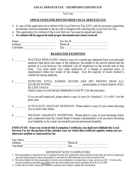 First page of the Local Services Tax Exemption Certificate