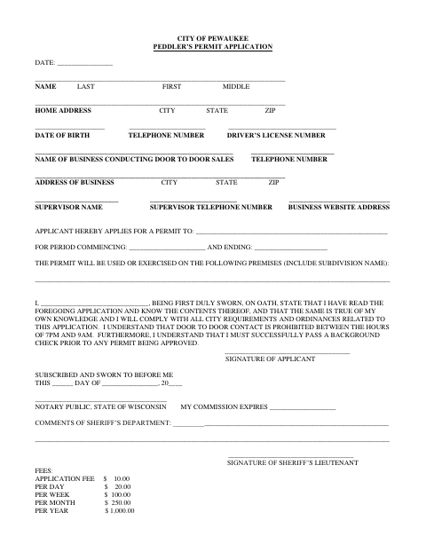 First page of the Peddler’s Permit Application