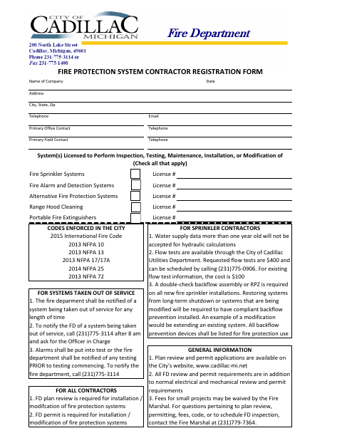 First page of the Fire Protection Systems Contractor Registration Form