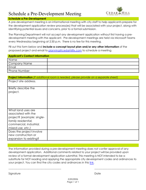 First page of the Schedule a Pre-Development Meeting