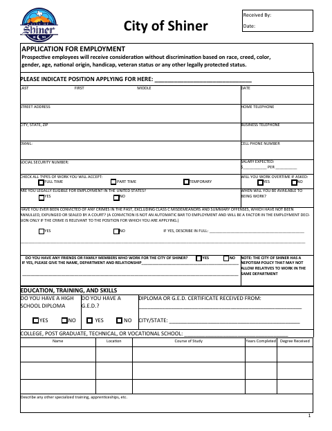 First page of the Application for Employment