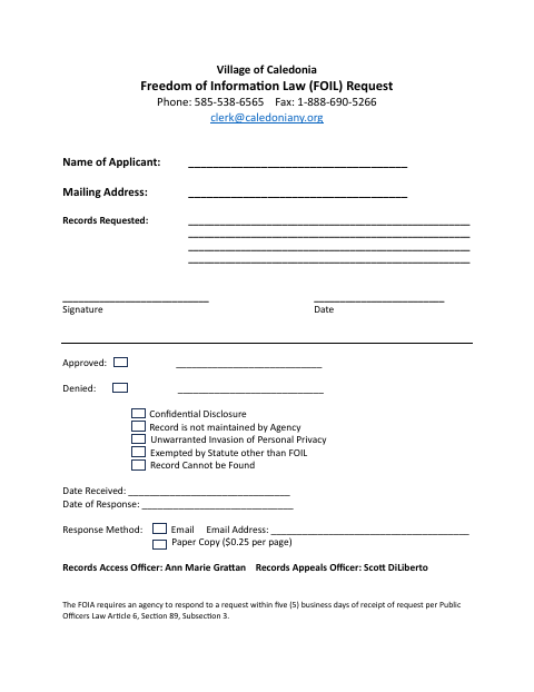 First page of the Freedom of Information Law (FOIL) Request