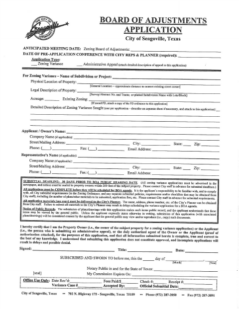 First page of the Board Of Adjustments Variance Application