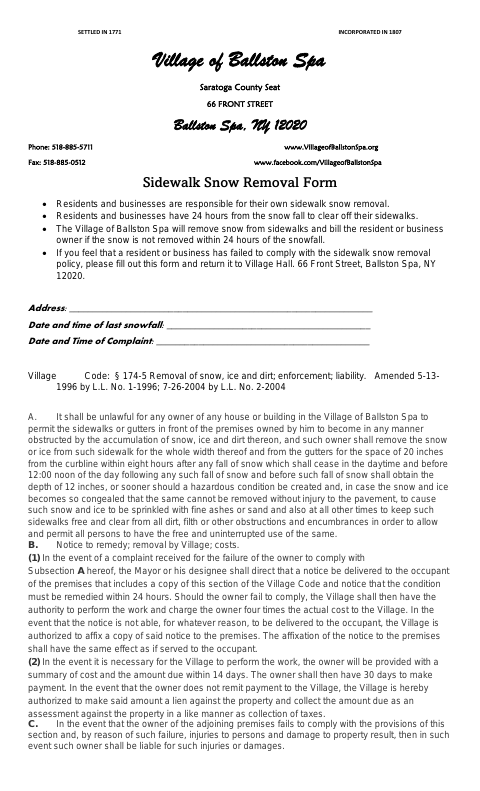 First page of the Sidewalk Snow Removal Form