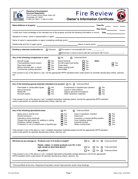 First page of the Fire Review Owner’s Information Certificate
