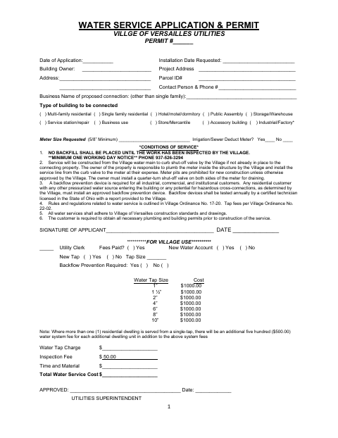 First page of the Water Service Application & Permit