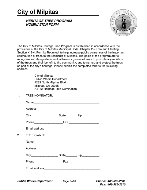 First page of the Heritage Tree Program Nomination Form