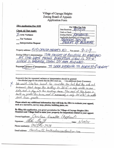 First page of the Zoning Board of Appeals Variance and Interpretation Application