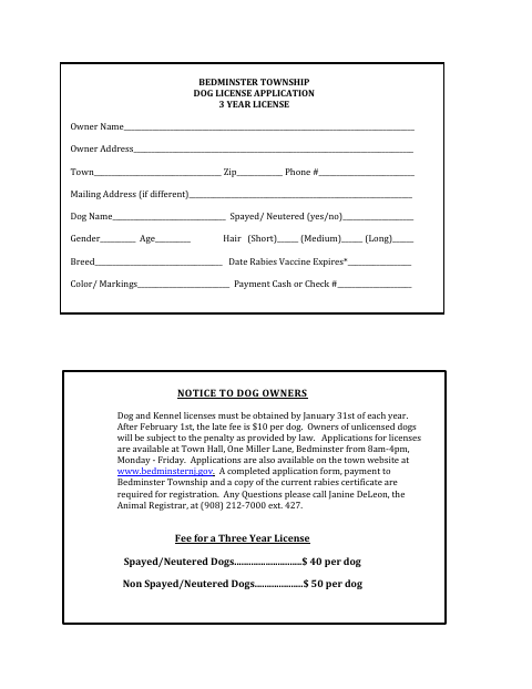 First page of the Dog License Application (Three-Year License)