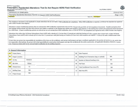 First page of the Prescriptive Residential Alterations Certificate Of Compliance