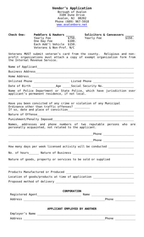 First page of the Vendor’s Application