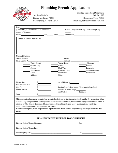 First page of the Plumbing Permit Application
