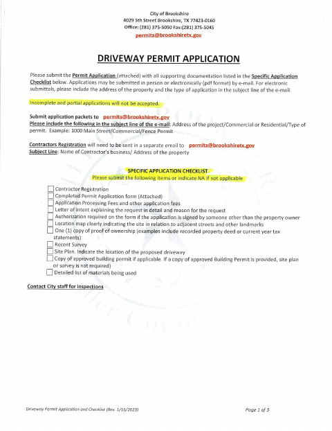 First page of the Driveway Permit Application