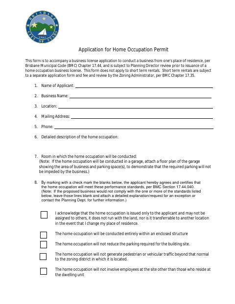 First page of the Application for Home Occupation Permit
