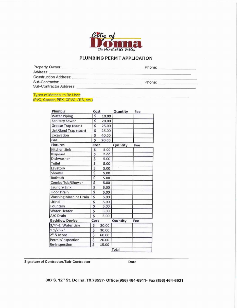First page of the Plumbing Permit Application
