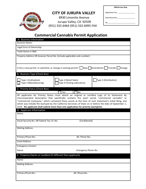 First page of the Commercial Cannabis Permit Application