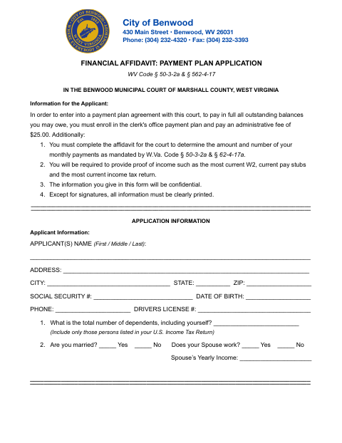 First page of the Financial Affidavit Payment Plan Application
