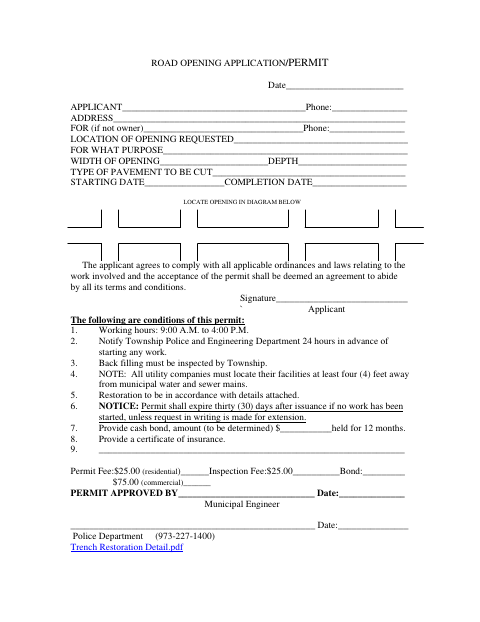 First page of the Road Opening Application / Permit