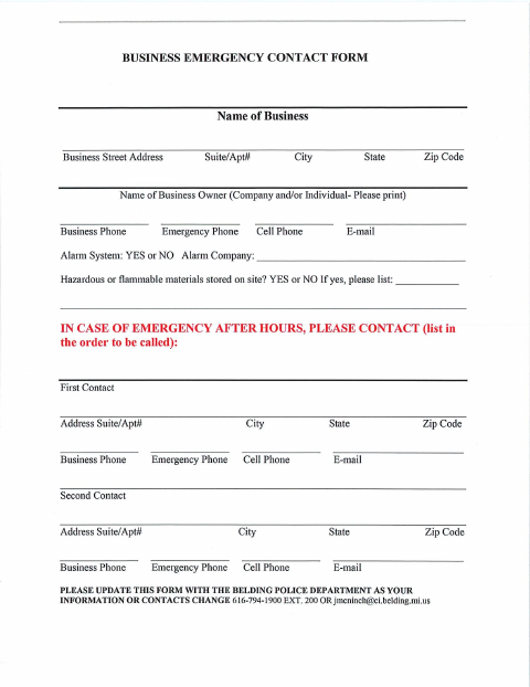 First page of the Business Emergency Contact Form