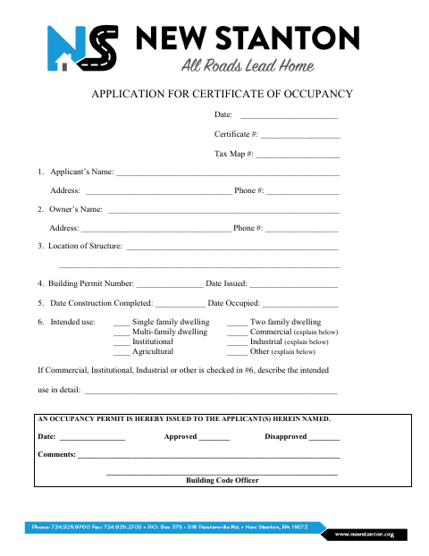 First page of the Application for Certificate of Occupancy