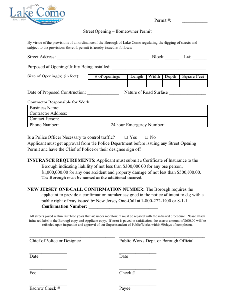 First page of the Street Opening – Homeowner Permit