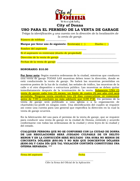 First page of the Garage Sale Permit Application (Spanish)
